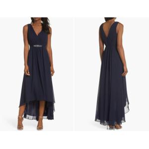 Quality Stunning Factory Custom-made Size High/Low Blue Chiffon Evening Dress Gown Strapless V-Neck A-Line Sleeveless V-back for sale