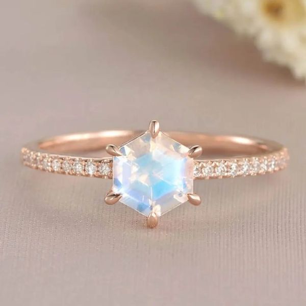 Buy Rose Gold Hexagon Shaped Wedding Jewelry Moonstone Engagement Ring at wholesale prices