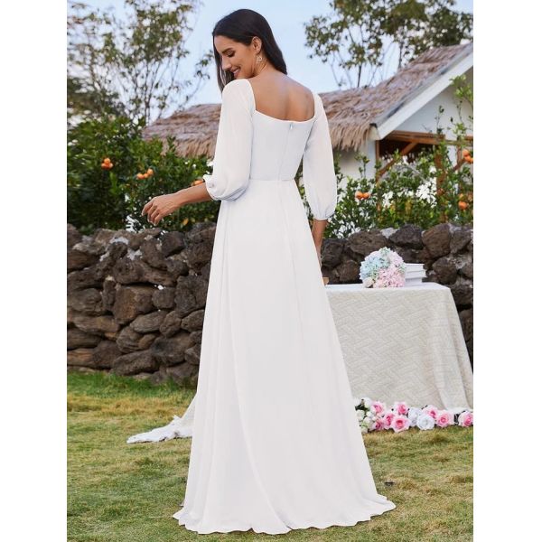 Plus Size Ruffled Long Sleeve High Slit Off-shoulder High Slit White Chiffon Evening Dress
