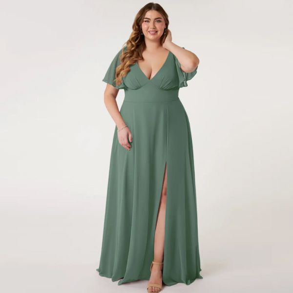 Beautiful Fashionable Flounce Short Sleeve V-Neck Chiffon Long Evening Dress Plus Size Front Split Slit Ruched A-Line