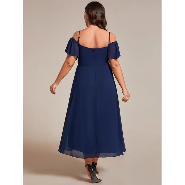 Empire Off-shoulder Spaghetti Strap Zipper High-low Wedding Guest Dresses Short Sleeves Navy Blue Chiffon Party Dress