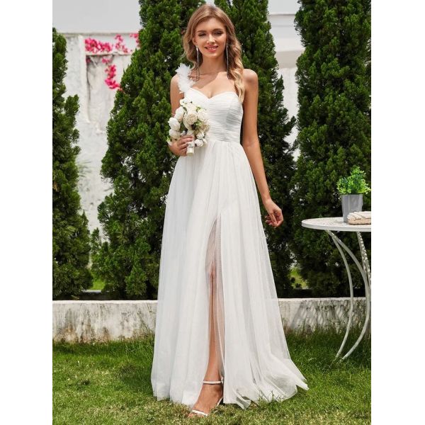 Exquisite One-shoulder Sweetheart Ruffled A-line Zipper Pleated High Slit White Tulle Bridesmaid Dress