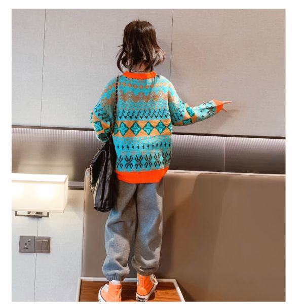 Middle Childrens Spring Clothes Round Neck Sweater Jacquard Craft