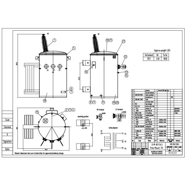 ANSI Standard Single Phase Oil Immersed Distribution Transformers 167KVA 34500V To 120V Dual Windings