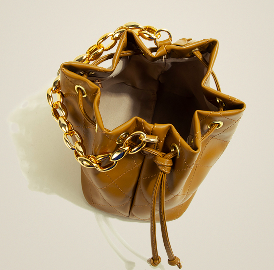 14cm Thick Chain Shoulder Bag First Layer Leather Drawstring Bucket Purse