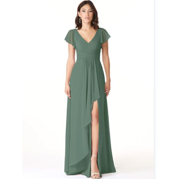 Hot Sale Factory Custom-made Chiffon Long Evening Dress A-Line Princess V-Neck Ruched V back Cap Sleeve