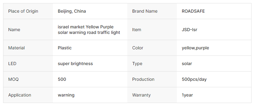 Israel Market Yellow Purple Solar Powered Road Traffic Warning Light for High Visibility Safety