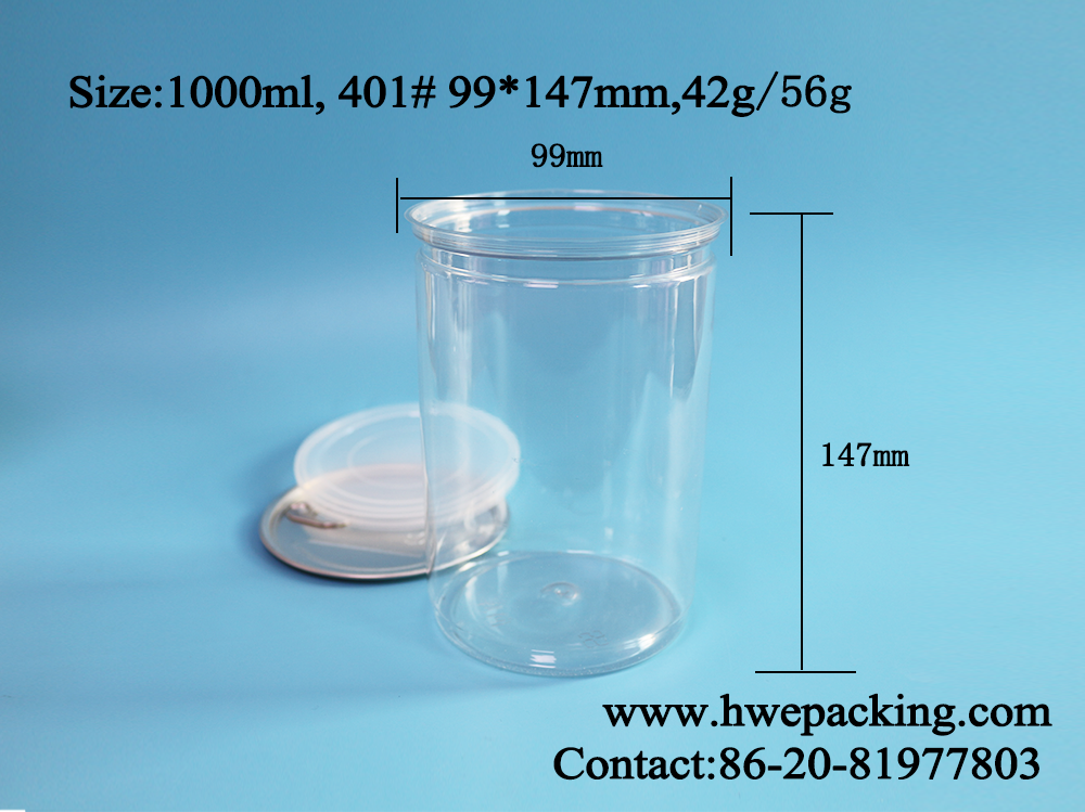 Aluminum Lid 1000ml Disposable PET Plastic Food Cans Popcorn Packaging