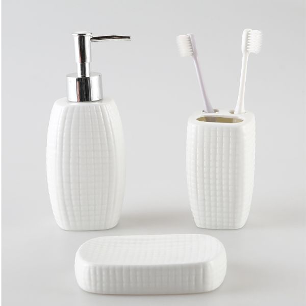 Embossed Decor Bathroom Ceramic Set 4 Pcs With Toothbrush Cup Soap Dispenser
