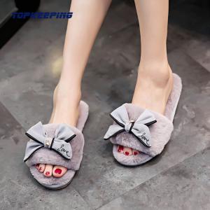 PVC Outsole Womens Fur Slippers With Silk Bow