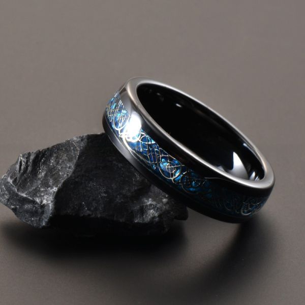 Dome Black Ceramic Wedding Band 6mm Blue Carbon Fiber And Dragon Inlayed Polished