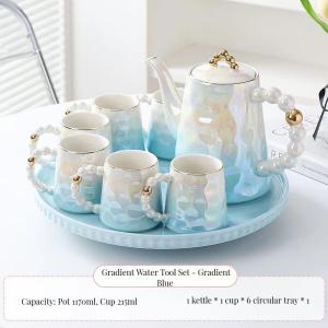 Stylish Pink Pearl Ceramic Coffee Mug Set with Saucer and Bamboo Tea Cup 1300ml