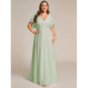 Empire Plus Size Applique Short Sleeve A-line V-neck Flutter Sleeves Invisible