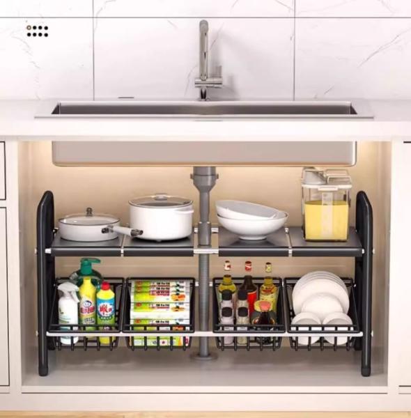Buy Freely Telescopic Under-sink Storage Rack with Flexible Shelves and Thickened Iron Material for Kitchen Space Utilization at wholesale prices