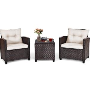 3pc Patio Wicker Bistro Conversation Patio Balcony Poolside-2 Cushioned