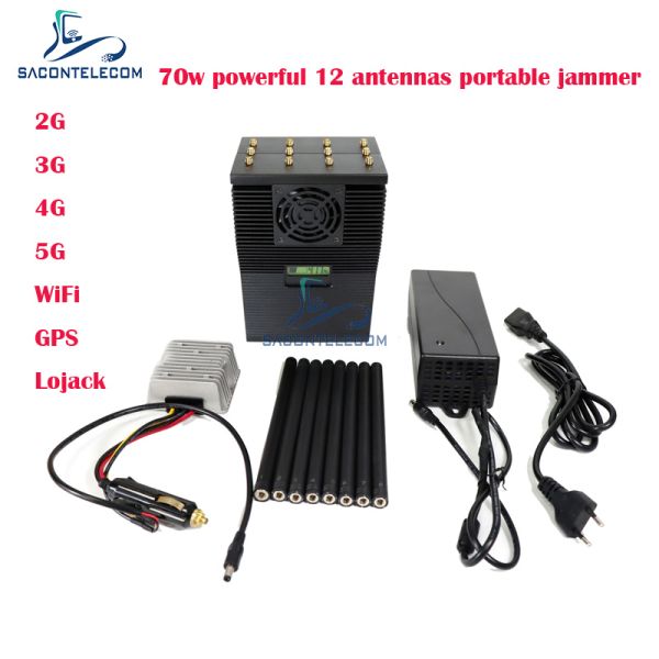 12 Antennas 70w Portable Mobile Phone Signal Jammer 2G 3G 4G 5G WiFi Lojack GPS USA Type