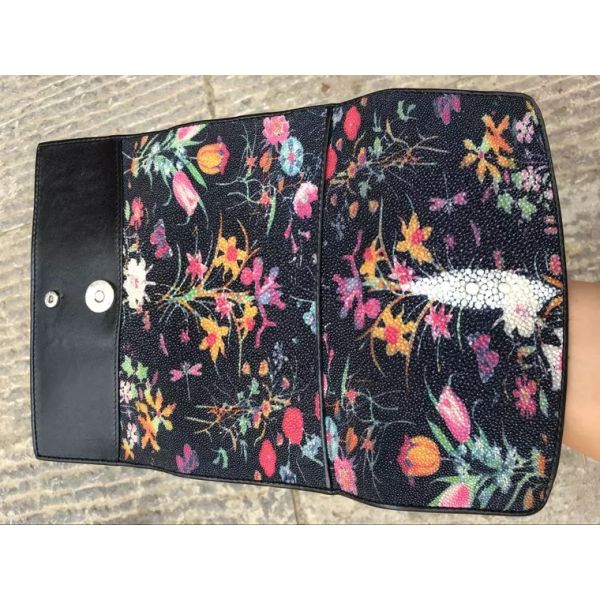 Authentic Stingray Skin Female Long Flower Trifold Wallet Genuine Leather Lady Large Clutch Bag Women Floral Coin Purse
