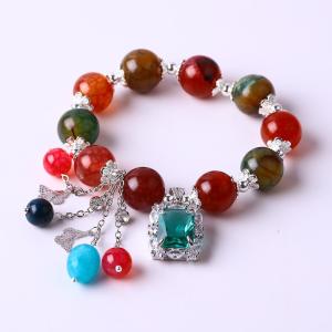 Handmade Round Bead Crystal Gemstone Elastic Bracelet with Deluxe Charms