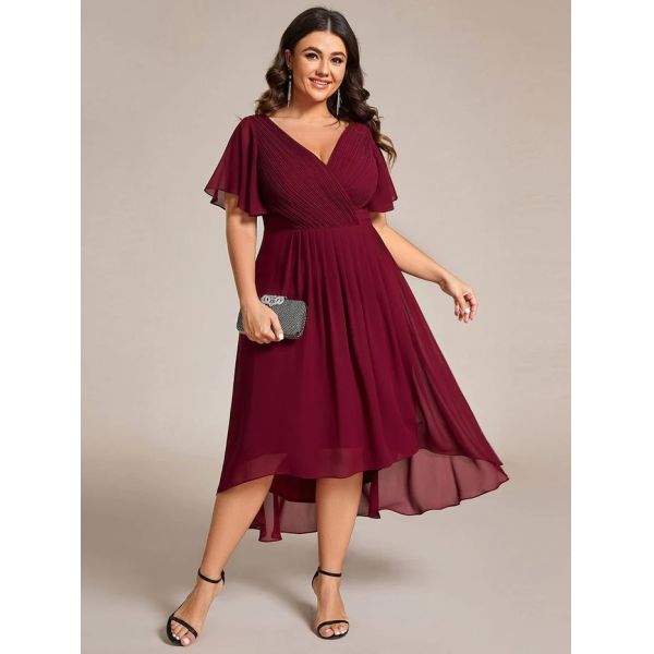 Empire Plus Size V-neck High-low A-line Short Sleeve Ruffled Burgundy Chiffon Wedding Guest Prom Dress