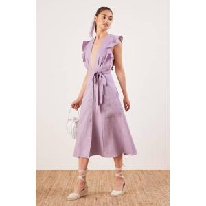 Clothing Fashion Women Ruffle Shoulder Midi Linen Dress Ladies