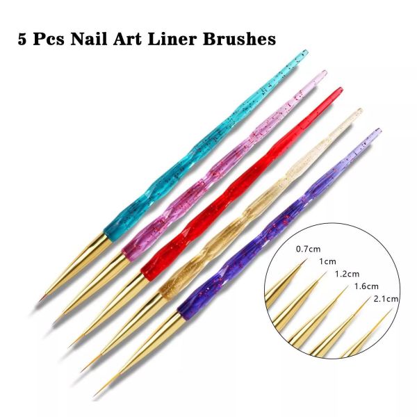 Professional Nylon Brush 5 Colors Acrylic Liner Nail Drawing Pen for Detail Design