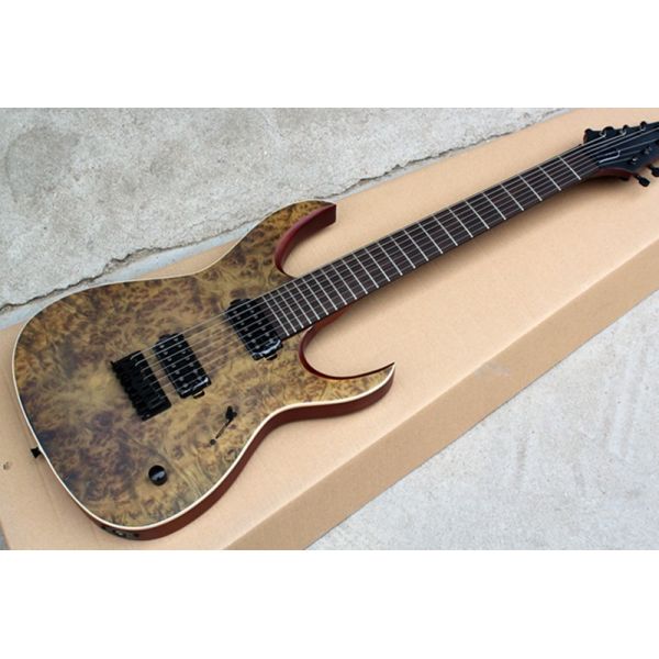 Custom Brown 7-String Alder Electric Guitar with Burl Veneer,24 Frets,2 Open