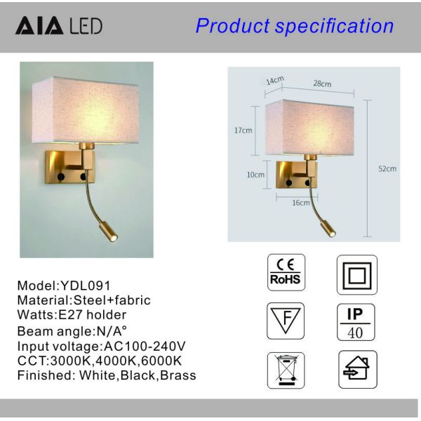 Modern style hotel room wall lamp Chinese style with switch bedside wall lamp square fabric wall light wholesale