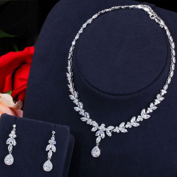 Silver Necklace Jewelry Set Necklace Earrings Jewelry Dainty Bridal Cz Waterdrop Wedding Ring Jewelry Set