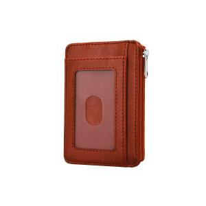 Women Brown Leather Business Card Holder Debossed Logo With Zip Pocket