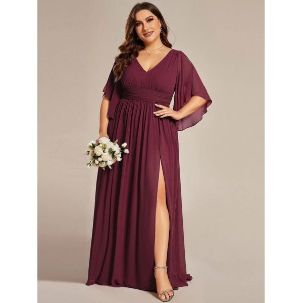 Empire Plus Size V-neck Ruffled A-line Invisible Zipper Half Flutter Sleeves Burgundy Chiffon Homecoming Dress