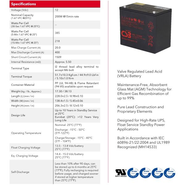 CSB HRL12200W 12V 200W High Rate Long Life UPS VRLA Battery