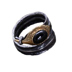 China Black Onyx Oxidized Feather 925 Sterling Silver Adjustable Ring (052639BLACK) on sale