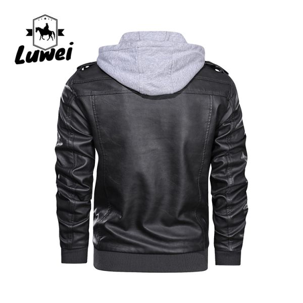Custom Sport Windbreaker Hooded Utility Water Proof Outwear Motorcycle Parka Pu Faux Leather Jacket for Male