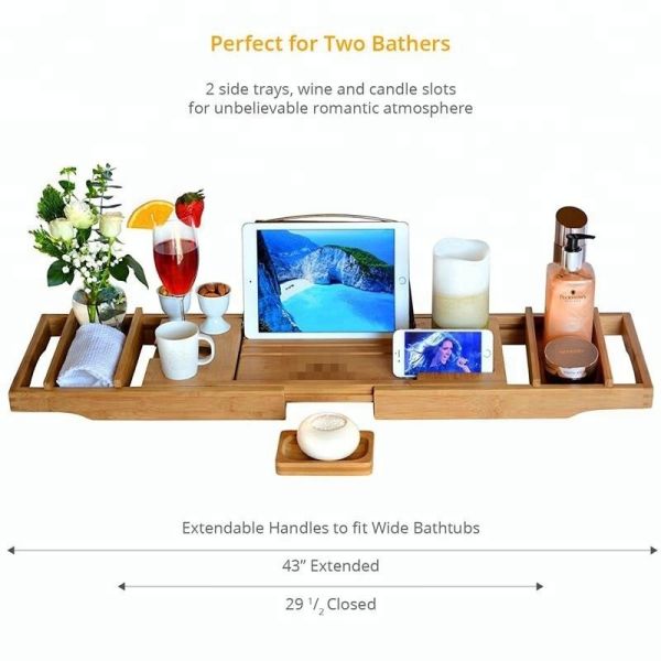 Buy Durable Bamboo Bathroom Supplies Expandable Bamboo Bathtub Caddy Tray at wholesale prices