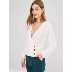 Long Sleeve Ribbed Buttoned Crossover Top T Shirt Clothing Women
