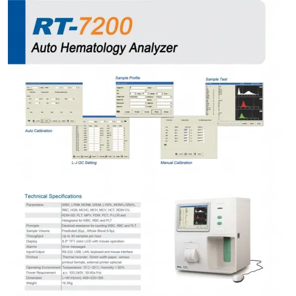 Rt-7200 Rayto Hematology Analyzer Cbc Blood Test Machine Hematology Analyzer