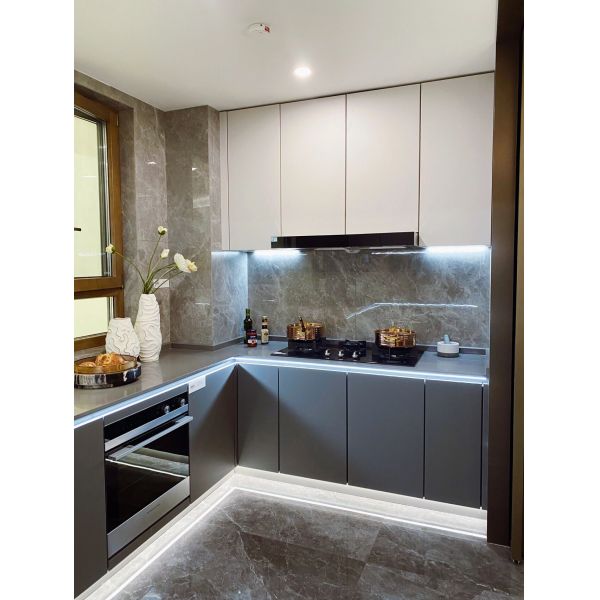 Laminated Melamine Finish Vertical Wood Grain Frameless Kitchen Cabinet For Home