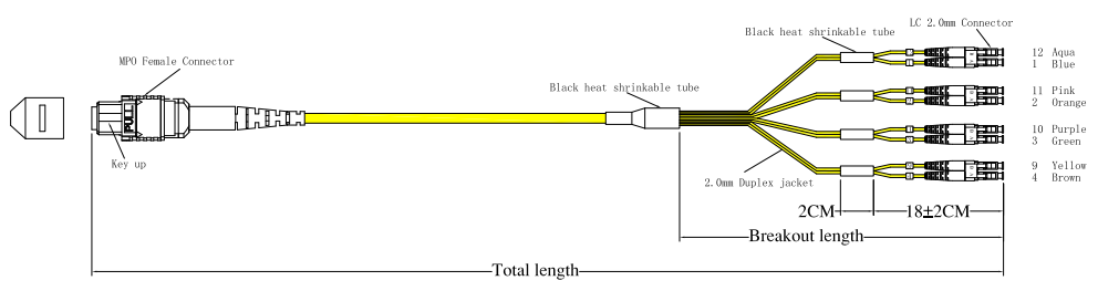 Elite MTP Female to SC APC 8 Fibers staggered lenght Breakout 2.0mm 9 / 125μm Color Yellow LSZH Jacket Type B