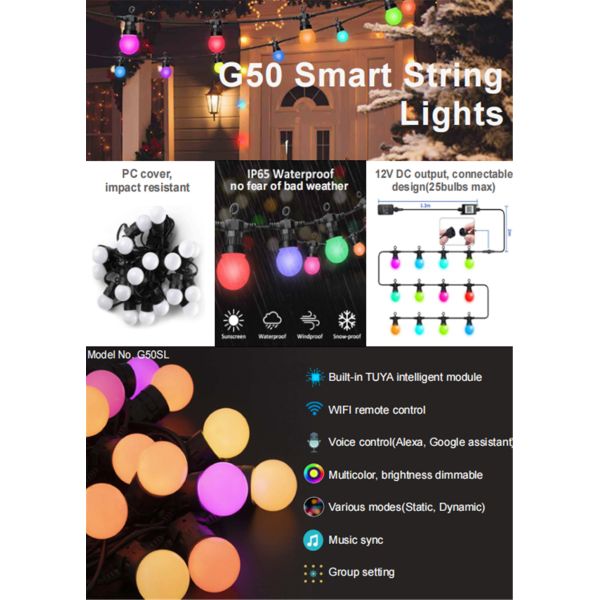smart outdoor string lights G50 patio festoon light waterproof holiday decor lights