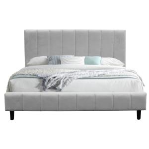 Twin Size BSCI White Upholstered Bed Frame With Vertical Stripes On Headboard
