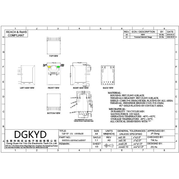 Industrial Gigabit RJ45 Connector 1 Port with LED 180° Vertical Plug