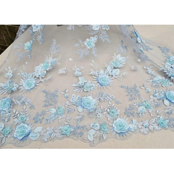 Embroidery 3D Floral Wedding Dress Lace Fabric By The Yard With Beads Light Blue