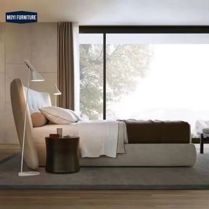 Modular queen size bed room furniture set featuring full upholstered linen frame