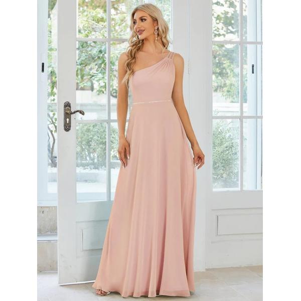 Asymmetry Custom Size Spaghetti Strap One-shoulder A-line Pink Flowy Chiffon Party Dress
