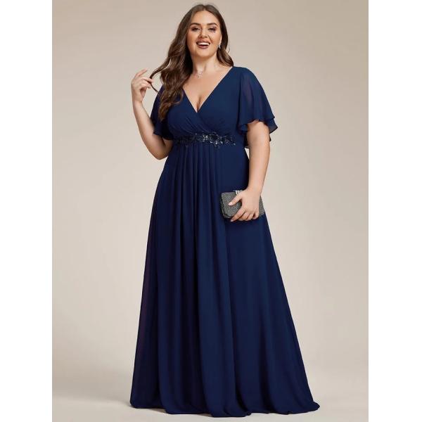 Empire Plus Size Applique Short Sleeve A-line V-neck Flutter Sleeves Invisible Zipper Dusty Navy Chiffon Bridesmaid Dres