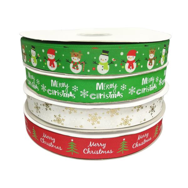 Fancy design colorful polyester tape with christmas tree and snow printing christmas ribbon