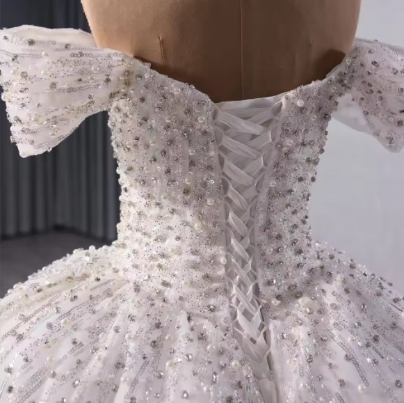 Shiny Off-the-shoulder Beaded Puffy Empire Ball Gown Court Train White Sequins Wedding Dresses