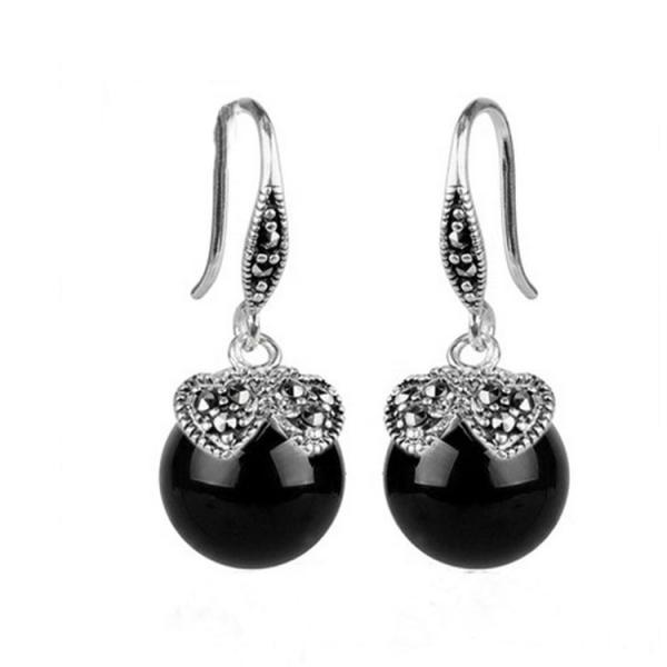 Sterling Silver Black Agate with Marcasite Dangle Hoop Earrings (E12032BLACK)