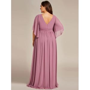 Plus Size A-line Half Sleeves V-neck Ruffled High Slit Purple Orchid Chiffon