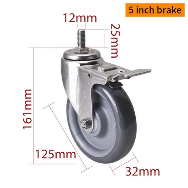 EDL 5Inch Stainless Steel Caster Loading 150Kg with TPU Wheel Threaded Swivel/Brake S545S-75